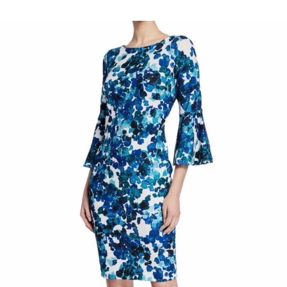 Calvin Klein Bell Sleeve Elegant Blue Floral Dress Size 8